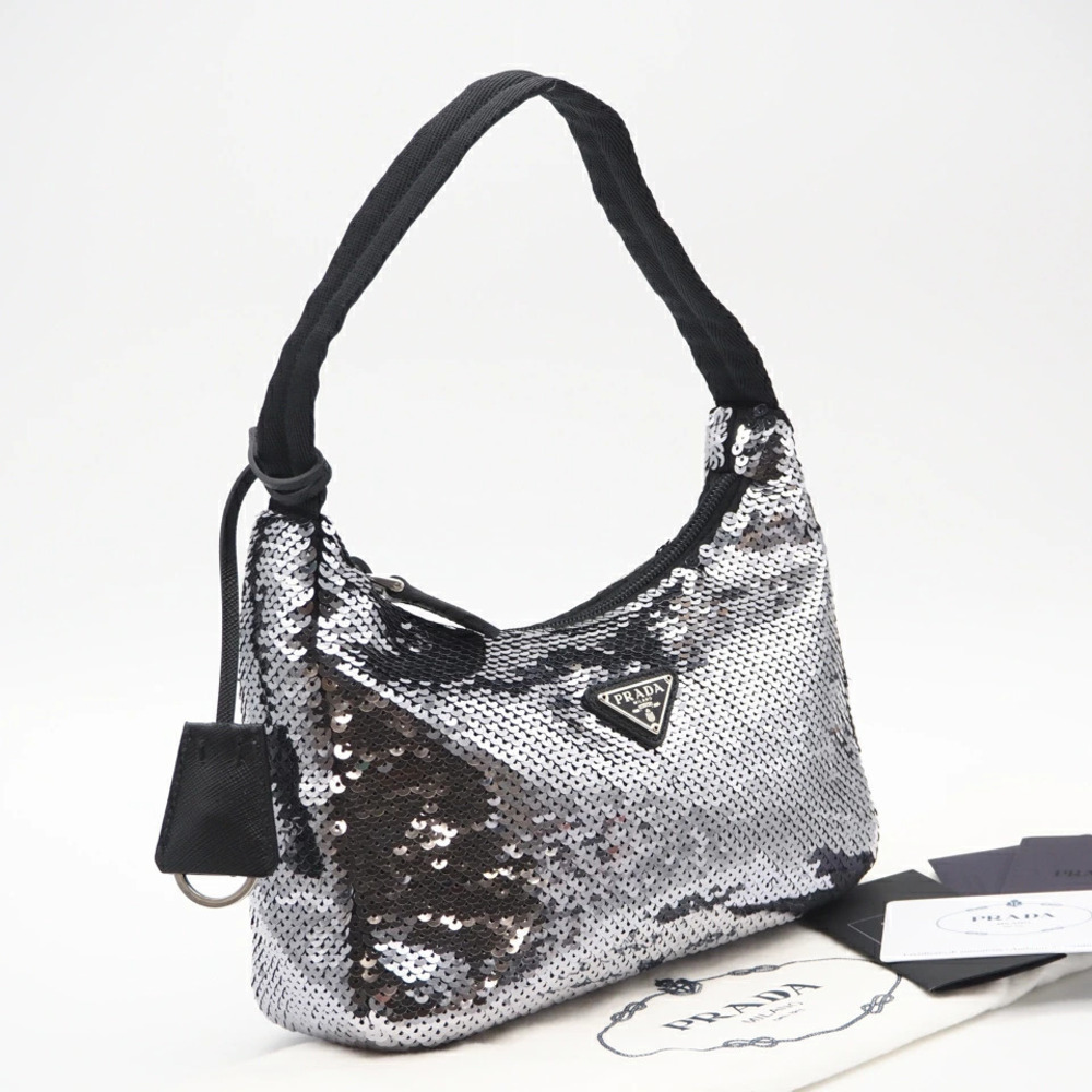 Prada Re Edition Sequin Hobo Handbag Silver Black
